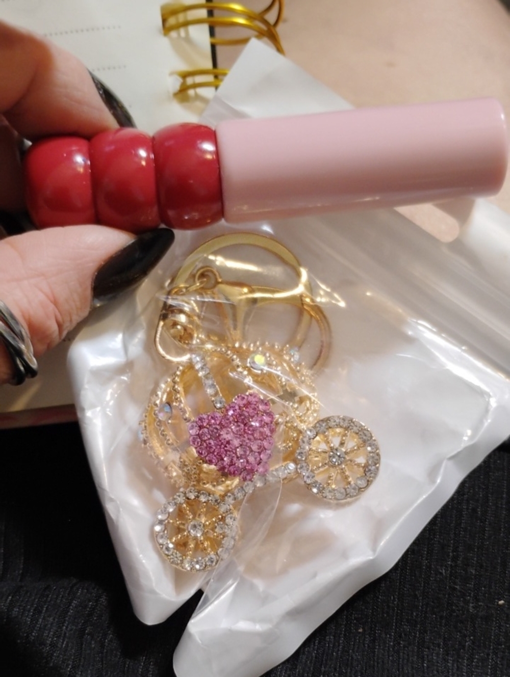 Red Color Gram Gold-Tone Pink Heart Carriage Keychain Charm